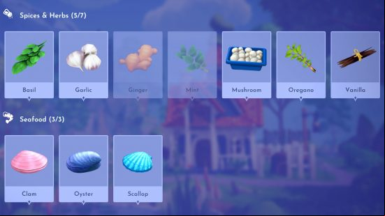 Disney Dreamlight Valley food groups and ingredients: A list of the Dreamlight Valley spices and herbs and seafood, taken from the game's collection menu.