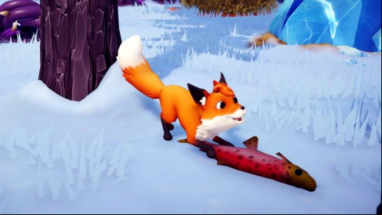 Disney Dreamlight Valley critters: A red fox eats a fish in the snowy surroundings of the frosted heights biome.