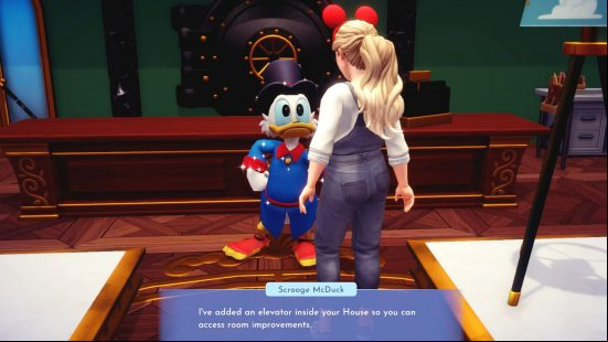 Disney Dreamlight Valley house upgrades: A player character talks to Scrooge McDuck and he says, "I've added an elevator inside your House so you can access room improvements"
