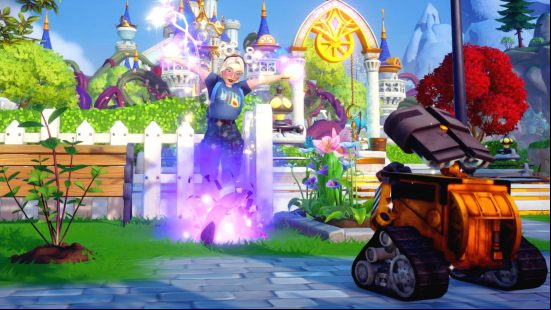 Disney Dreamlight Valley Dream Shards Night Thorns: Player character destroys a Night Thorn in front of an excited WALL-E