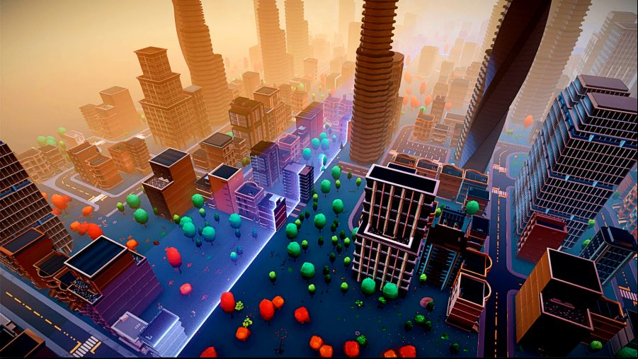 Heart of the Machine - a wide shot of a high-rise city featuring tall buildings and a variety of red and orange trees dotted about
