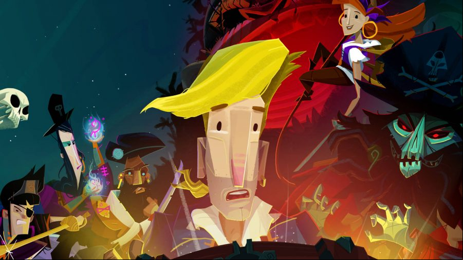 Return to Monkey Island: Guybrush is looking inside a chest. Elaine is climbing down a rope, LeChuck looks like he's about to strike Guybrush, and the three Pirate Leaders look bedazzled.