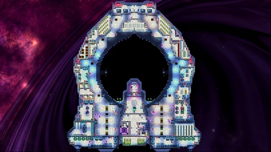 Stardeus - top-down view of a donut-shaped space ship showing all the various room layouts
