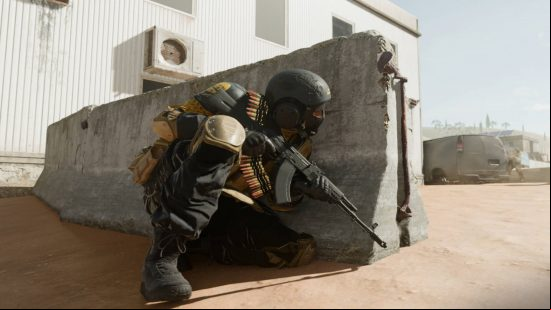 Warzone 2 Gulag: a soldier hiding behind a concrete barrier while another soldier looks for him from behind a van.