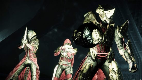 Destiny 2 King's Fall loot table weapons, god rolls, and armor: A close-perspective image of three Guardians showing off their King's Fall raid armour.