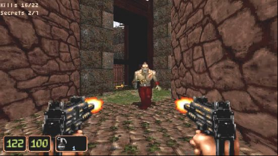 Free GOG games - Wang is shooting a demon with a mohawk down with his two Uzis. A key is behind the demon.