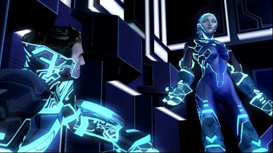 Best Disney Games Tron 2.0: Two characters in futuristic neon outfits