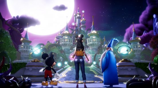 Best Disney games Dreamlight Valley: The player character, Mickey, and Merlin stand in front of the Dream Castle under the night's sky