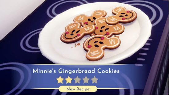 Disney Dreamlight Valley recipes: Five of Minnie's Gingerbread Cookies, showing Mickey's smiling face, sit on a plate.