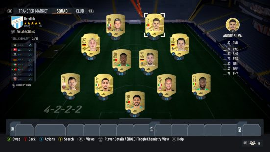 FIFA 23 Fiendish SBC solution: a group of football cards lie on a 2D football pitch