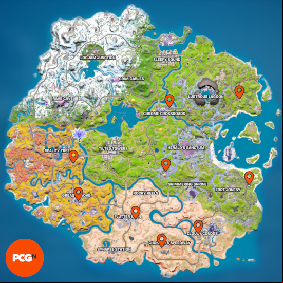 Fortniet Whiplash: a map showing all of the locations where you can find the Whiplash car.