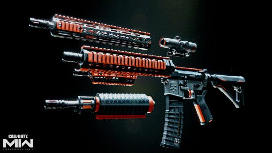 Modern Warfare 2 Vault Edition bonuses: FJX Cinder weapon vault showing a gun with red decals and attachments.