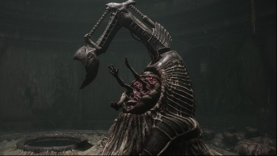 Saw or scoop in Scorn: The scoop in Ebb Software's first-person survival horror game, a techno-organic contraption surrounded by egg husks and a waste pipe.