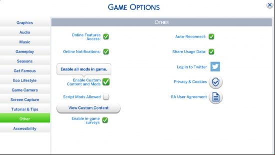 Sims 4 CC: in-game options menu for turning on custom content