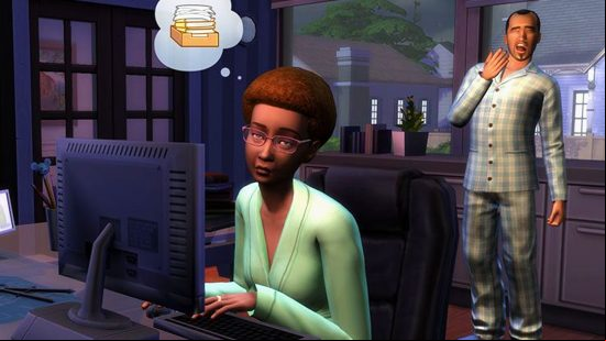 Sims 5 cheats: A Sim sitting at a computer studying late into the night to increase their skills, while the person they live with stands behind them in pyjamas