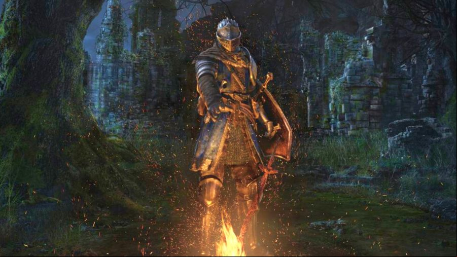 Dark Souls Remastered PC servers are back online: a knight kindles a flame in front of him, with a coiled sword coming out of the bonfire