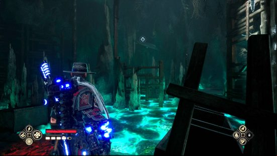 Evil West unique chests locations - Jesse is about to shoot at a target across the other side of the ethereal swamp.