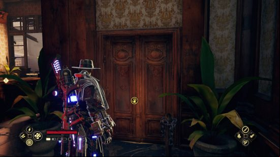 Evil West unique chests locations - Jesse standing outside of an office door inside a bank. A plant pot is outside.