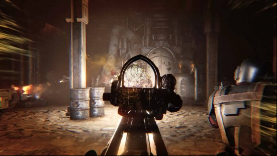 Best Darktide Veteran build - a Veteran is aiming down a scope at a targeted enemy, highlighted in yellow.