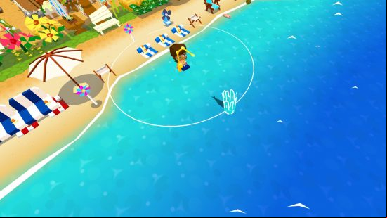 Best games like Animal Crossing: The player in the middle of catching a fish while standing on a beach, surrounded by umbrellas, beac chairs, and windmills in Castaway Paradise.