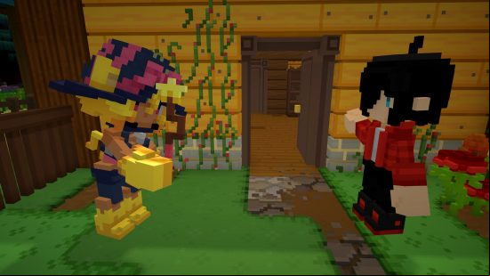 Best games like Animal Crossing: Two players in Staxel standing in front of a house.