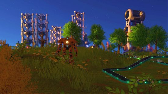 Best management games: a mech in Dyson Sphere Program standing by a conveyor belt in twilight