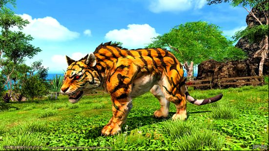 FFXIV 6.3 Live Letter 74 - a tiger with glowing red eyes on a sunny island