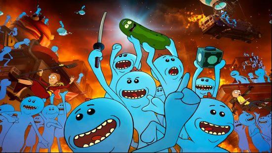 Fortnite Rick & Morty leak could mean a new crossover is coming. This image shows an array of Mr Meeseeks and other Rick & Morty characters. 