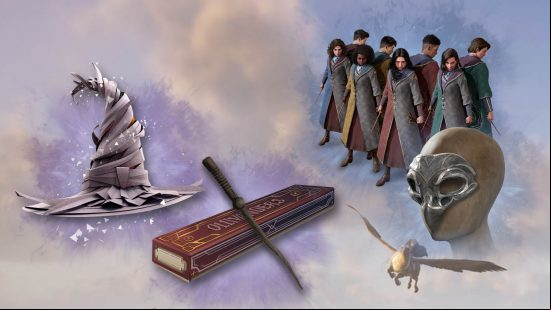 Hogwarts Legacy Wizarding World  link rewards: The Fan-atic robes, beak mask, and sorting hate and wand representing the four rewards for linking your s