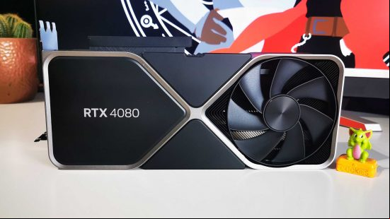 Nvidia RTX 4080 graphics card sitting on white desk