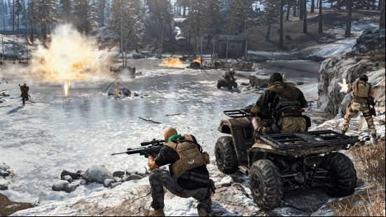 How to get a Warzone 2 nuke: three soldiers look on at a huge explosion