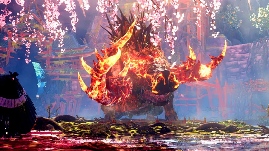 Wild Hearts - a giant boar, its horns ablaze with red-hot magma, stands beneath a cherry blossom tree