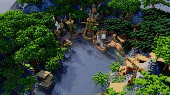 Best Minecraft servers: a pirate harbour surrounded by leafy green trees in Manacube.
