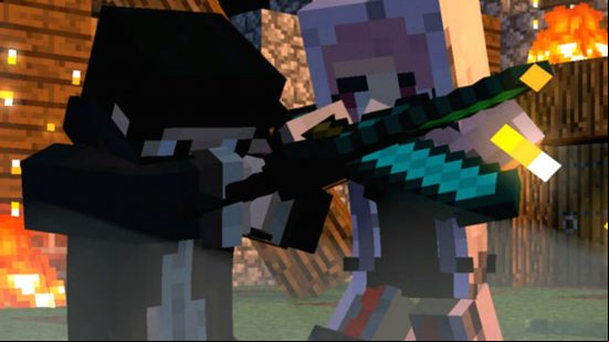Best Minecraft servers: two people clashing swords while a village is on fire in Minewind.