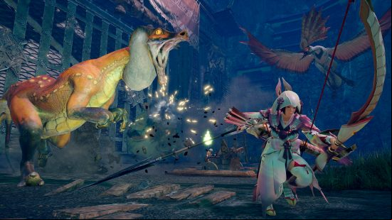 A young hunter runs past an aggressive lizard in Monster Hunter Rise, one of the best offline games
