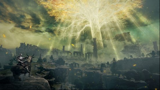 Elden Ring's player character sits on a horse looking at a golden tree in the distance