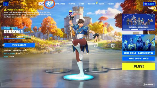 Fortnite Winterfest presents - an orange circle around the Winterfest option in the main menu. It's at the top of the screen.