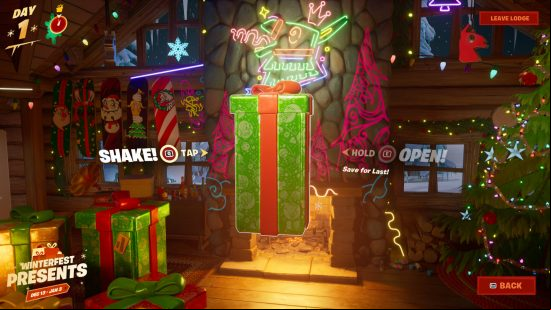 Fortnite Winterfest presents - a green present with a red bow is suspended in the air. Options to shake the present are available, but opening it is greyed out.