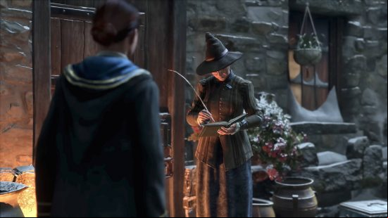 Hogwarts Legacy characters - the player is talking to Cassandra Mason outside her shop in Hogsmede.