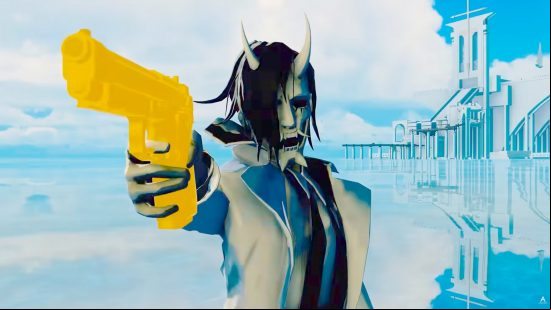 Neon White holds a golden gun towards the camera