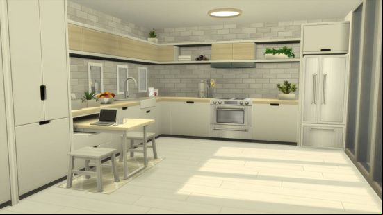 Sims 4 CC: A kitchen that matches the minimalist look of the living room, including a pull-out breakfast table attached to one of the kitchen units.