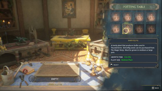 Hogwarts Legacy Room of Requirement - a medium-sized potting table menu. Most of the plants can be planted here, except for the two large seeds.