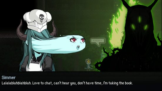 Best cooking games: a ghost chef is somehow able to project her face from her head to sass a shadowy figure with a deer skull for a head.