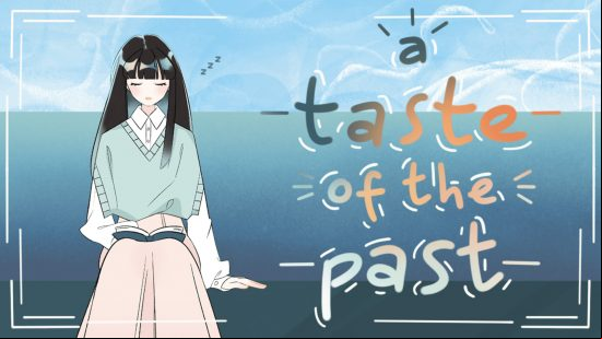 Best visual novels: The novel title "A taste of the past" appears in text on a backdrop of the ocean, next to a black haired girl sitting peacefully reading a book.