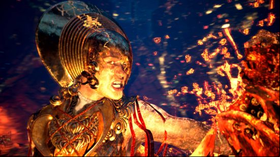 Forspoken cast voice actors - Tanta Sila is smouldering, with a cracked gold headdress and bronze armour. Her curly hair just about makes it through the cracks.