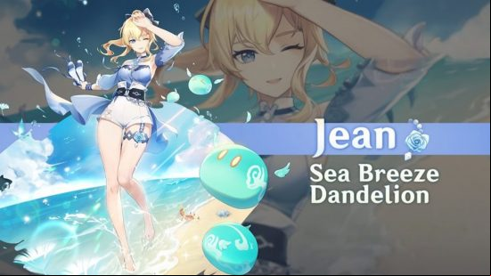 Genshin Impact skins: Jean standing on a beach wearing her summertime Sea Breeze Dandelion outfit