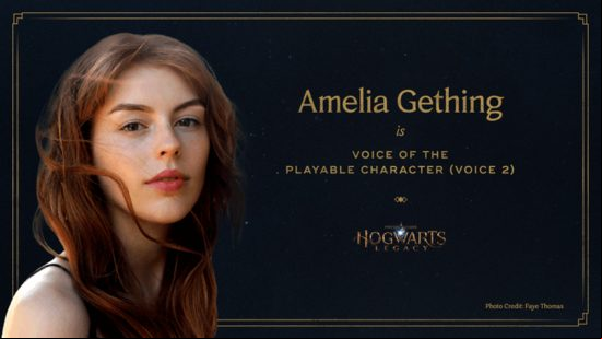 Hogwarts Legacy cast and voice actors: A picture of Amelia Gething accompanied by the text "Amelia Gething is Playable Character voice 2""