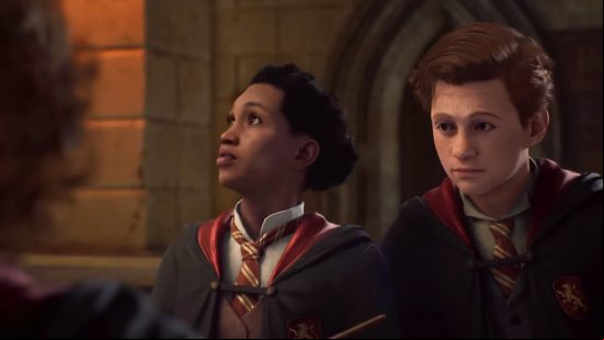 Hogwarts Legacy companions: A Gryffindor player character stands alongside their companion, Natsai Onai.