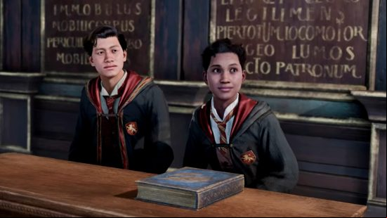 Hogwarts Legacy companions: A Gryffindor player character sits next to Natsai Onai in class.