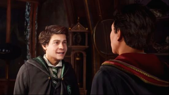 Hogwarts Legacy companions: A Gryffindor player characters talks to Slytherin companion Sebastian Sallow.